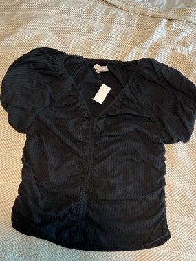 Loft Black Puff Sleeve V-Neck Blouse L